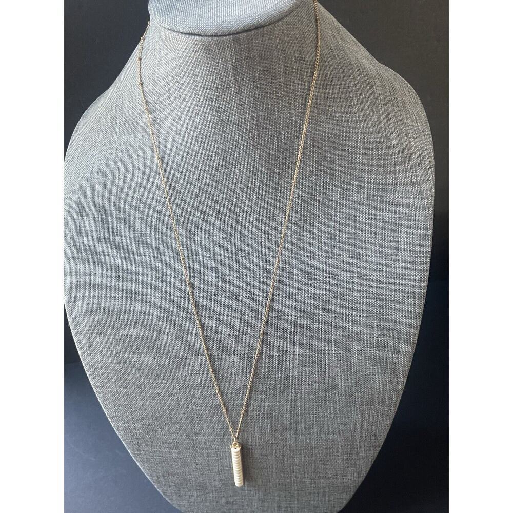 Womens Shell Bar Necklace Cylinder Vertical Gold Tone Chain 30” Coastal Resort